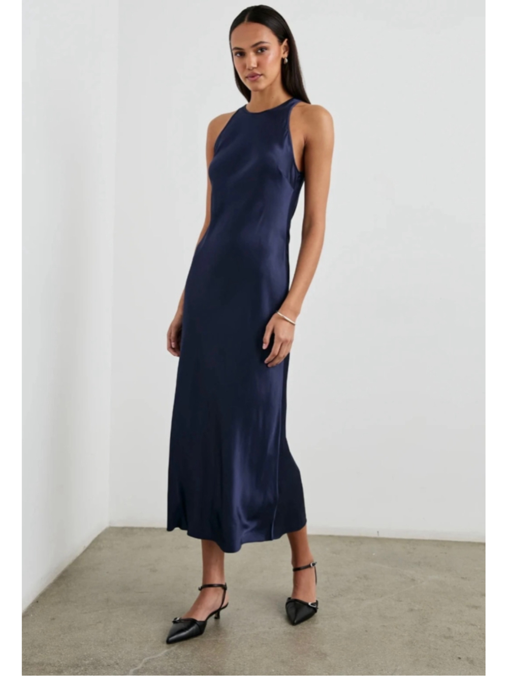Rails Solene Navy Satin Maxi Dress Size L NWT $228 Open Back Tie